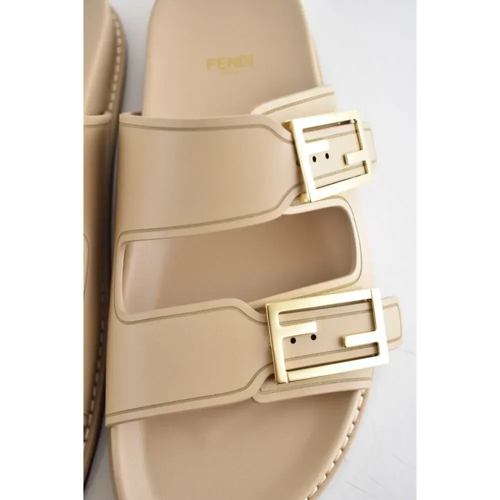 Fendi Feel Dual Strap Beige Leather Gold Logo Buckle Mule Flat Sandal Slide 39.5